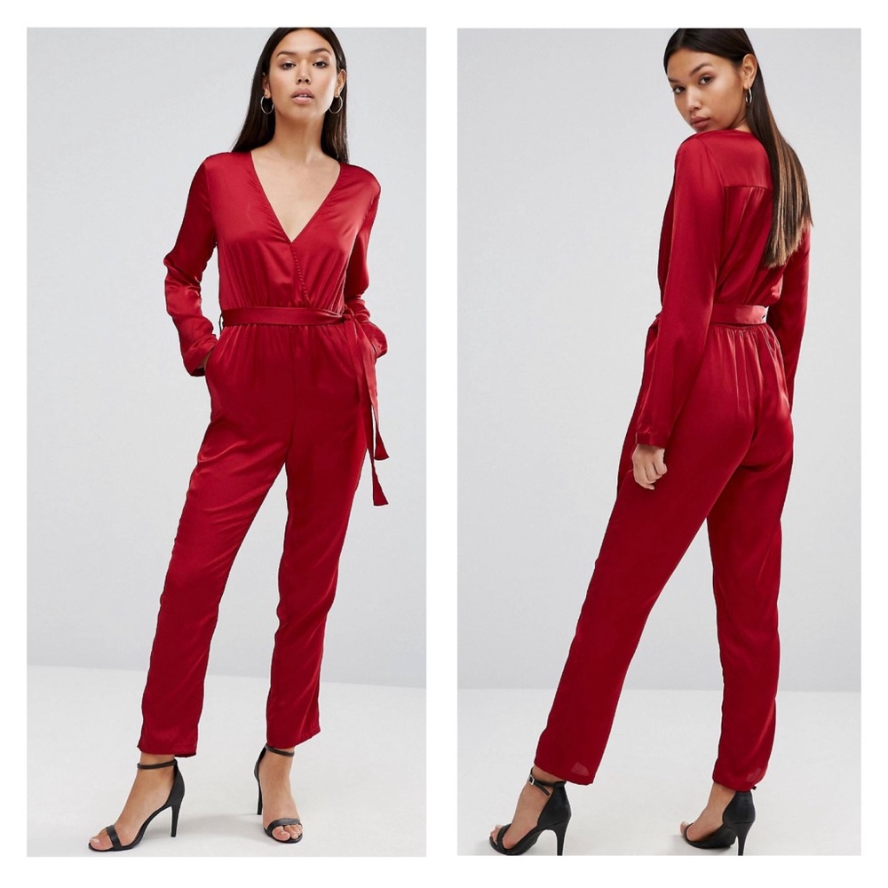 WYLDR Sophie Red Satin Long Sleeve Jumpsuit